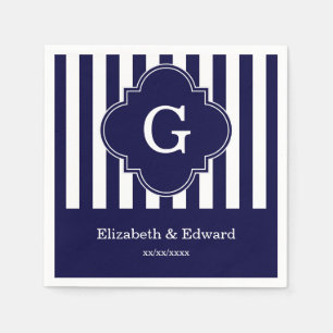 Navy Blue White Stripes, Navy Label Monogram Paper Napkins