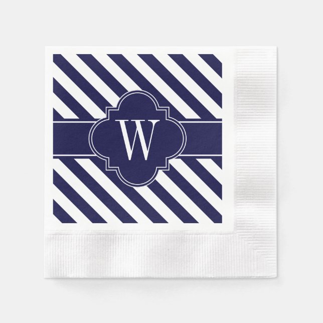 Navy Blue White Stripes, Navy Label Monogram Paper Napkins (Front)