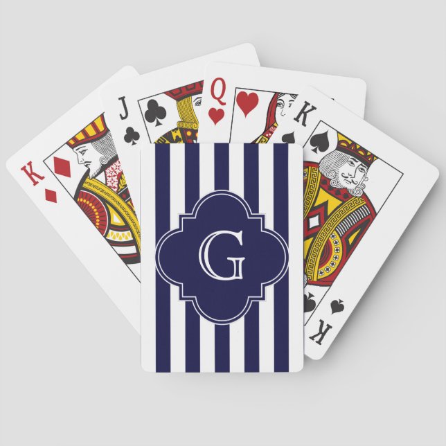 Navy Blue White Stripes, Navy Label Monogram Poker Cards (Back)