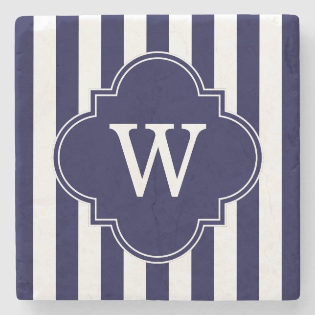 Navy Blue White Stripes, Navy Label Monogram Stone Coaster (Front)
