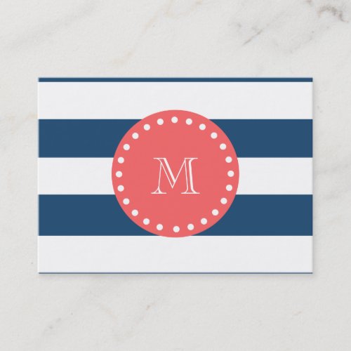 Navy Blue White Stripes Pattern, Coral Monogram Business Card Template