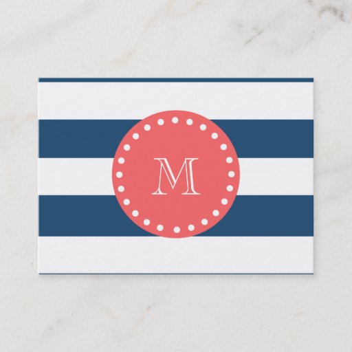 Customizable Navy Blue White Stripes Pattern, Coral Monogram Business Card Template