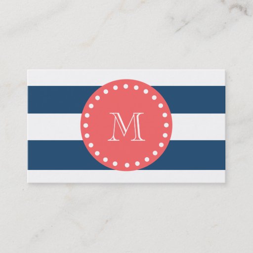 Customizable Navy Blue White Stripes Pattern, Coral Monogram Business Card