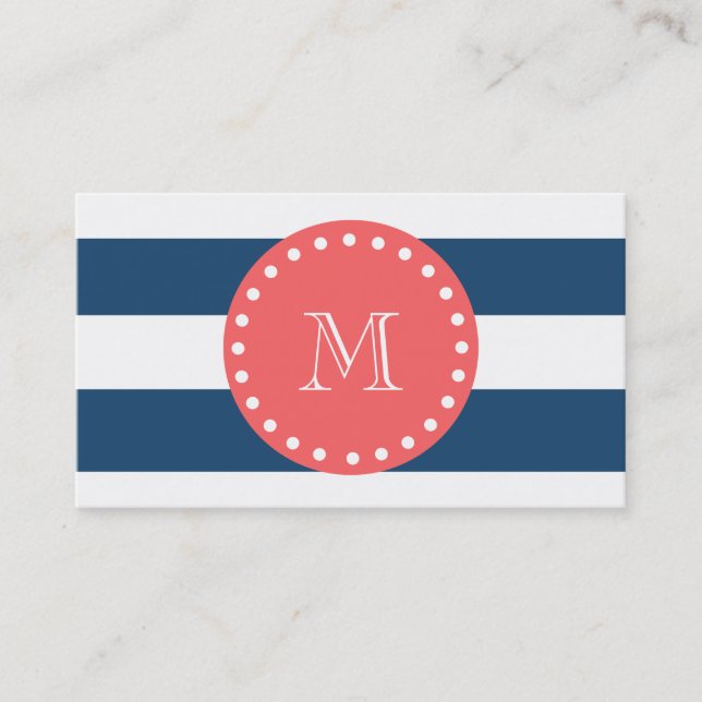 Navy Blue White Stripes Pattern, Coral Monogram Business Card (Front)