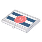 Navy Blue White Stripes Pattern, Coral Monogram