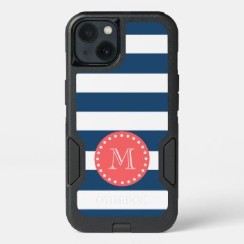 Navy Blue White Stripes Pattern  Coral Monogram Iphone 13 Case by GraphicsByMimi at Zazzle
