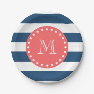 Navy Blue White Stripes Pattern, Coral Monogram Paper Plates