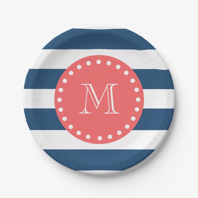 Navy Blue White Stripes Pattern, Coral Monogram Paper Plates (Front)