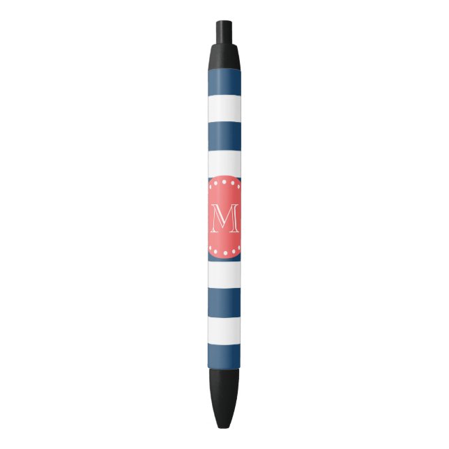 Navy Blue White Stripes Pattern, Coral Monogram Pen (Front Vertical)