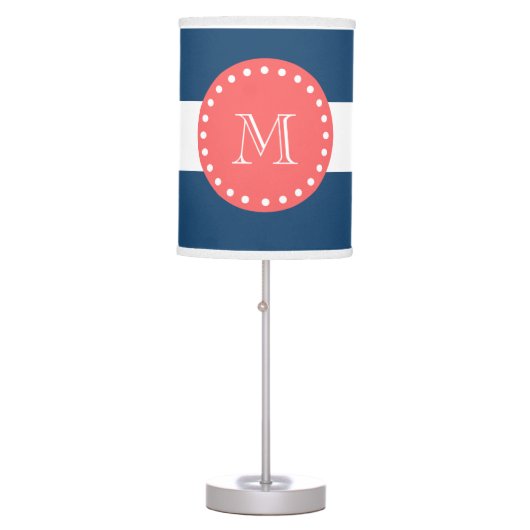 Navy Blue White Stripes Pattern, Coral Monogram Table Lamp (Front)