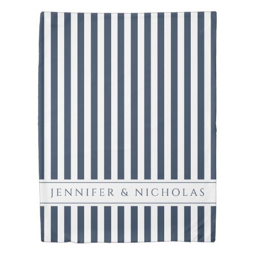 Navy Blue  White Stripes Pattern Name Print Duvet Cover