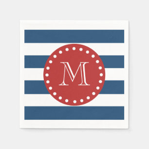 Navy Blue White Stripes Pattern, Red Monogram Paper Napkins