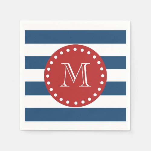 Navy Blue White Stripes Pattern Red Monogram Paper Napkins