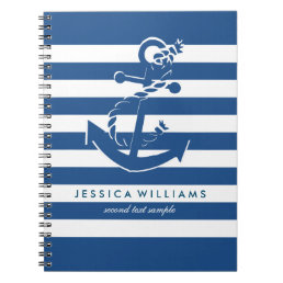 Navy Blue &amp; White Stripes Pattern With Anchor Notebook