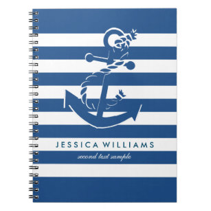 Navy Blue & White Stripes Pattern With Anchor Notebook