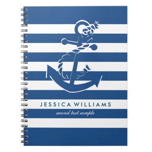 Navy Blue  White Stripes Pattern With Anchor Notebook