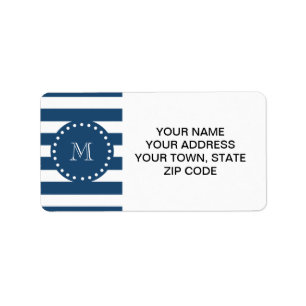 Navy Blue White Stripes Pattern, Your Monogram Label