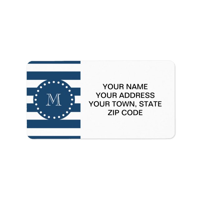 Navy Blue White Stripes Pattern, Your Monogram Label (Front)