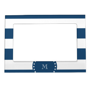Navy Blue White Stripes Pattern, Your Monogram Magnetic Photo Frame