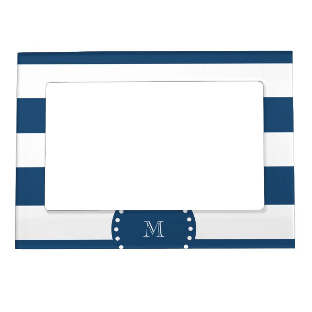 Navy Blue White Stripes Pattern, Your Monogram Magnetic Photo Frame (Front)
