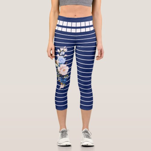 Navy Blue White Stripes Pink Blue Floral Pattern Capri Leggings