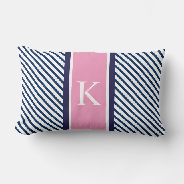 Navy Blue White Stripes & Pink Monogram Lumbar Pillow (Front)