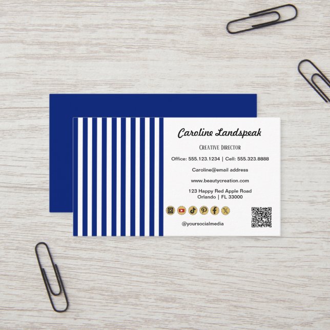 Navy Blue White Stripes QR Code, Social Media Icon Business Card (Front/Back In Situ)