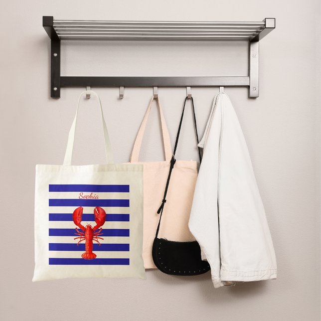 Navy blue white stripes red lobster name tote bag (Creator Uploaded)