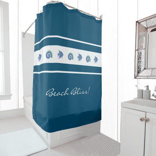 Navy Blue White Stripes Shells Fish Beach House  Shower Curtain