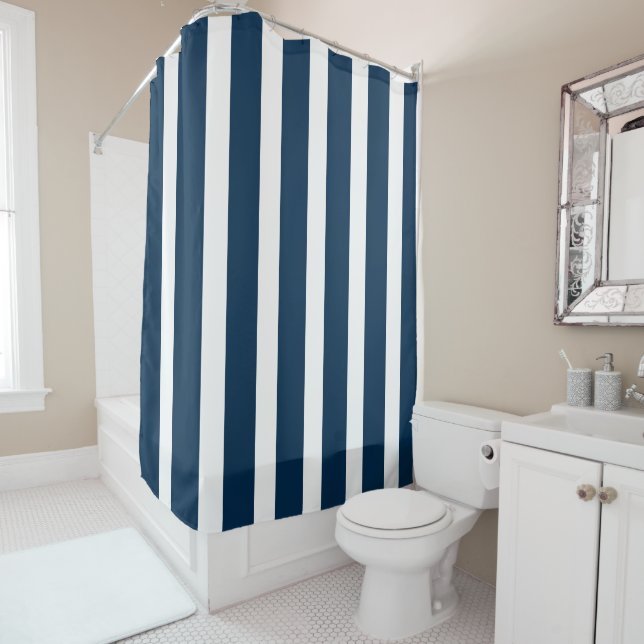 Navy-blue & White Stripes Shower Curtain (In Situ)