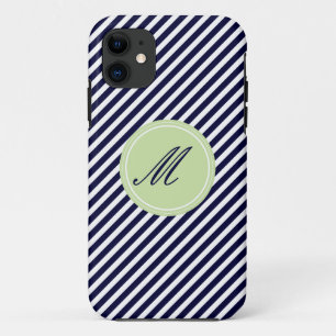Navy Blue & White Stripes w Monogram iPhone 5 Case