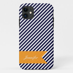 Navy Blue & White Stripes w Monogram iPhone 5 Case