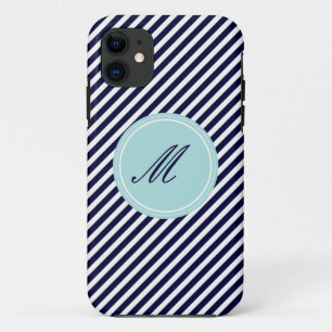 Navy Blue & White Stripes w Monogram iPhone 5 Case