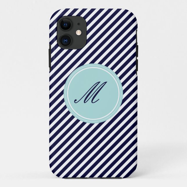 Navy Blue & White Stripes w Monogram iPhone 5 Case (Back)