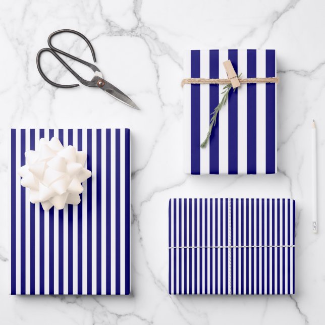 Navy Blue & White Stripes Wrapping Paper Sheets (Front)