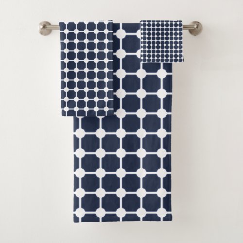 Navy Blue  White Stylish Modern Geometric Pattern Bath Towel Set