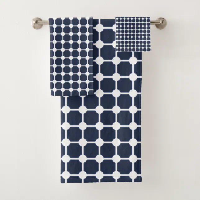 Navy Blue & White Stylish Modern Geometric Pattern Bath Towel Set Zazzle