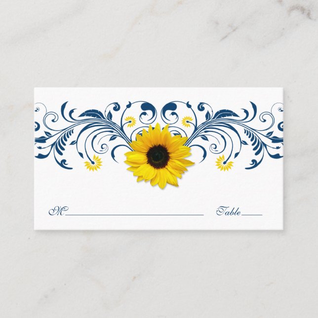 Navy Blue White Sunflower Floral Wedding Placecard (Front)