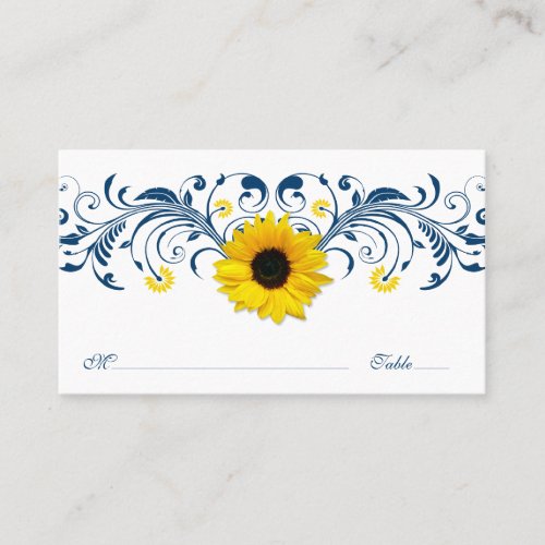 Navy Blue White Sunflower Floral Wedding Placecard Business Cards