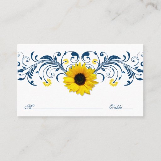 Customizable Navy Blue White Sunflower Floral Wedding Placecard Business Cards