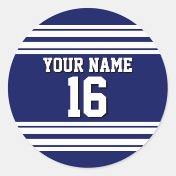 Navy Blue White Team Jersey Custom Number Name Classic Round Sticker by FantabulousSports at Zazzle