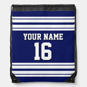 Navy Blue White Team Jersey Custom Number Name Drawstring Bag