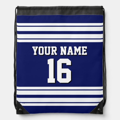 Navy Blue White Team Jersey Custom Number Name Drawstring Bag