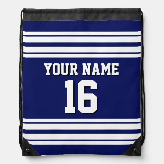 Navy Blue White Team Jersey Custom Number Name Drawstring Bag (Front)