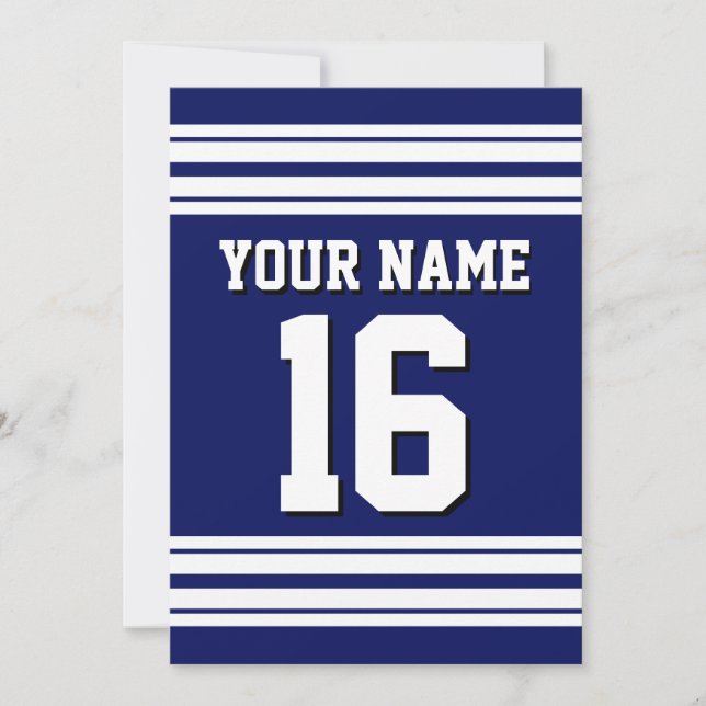 Navy Blue White Team Jersey Custom Number Name Invitation (Front)