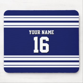 Navy Blue White Team Jersey Custom Number Name Mouse Pad by FantabulousCases at Zazzle