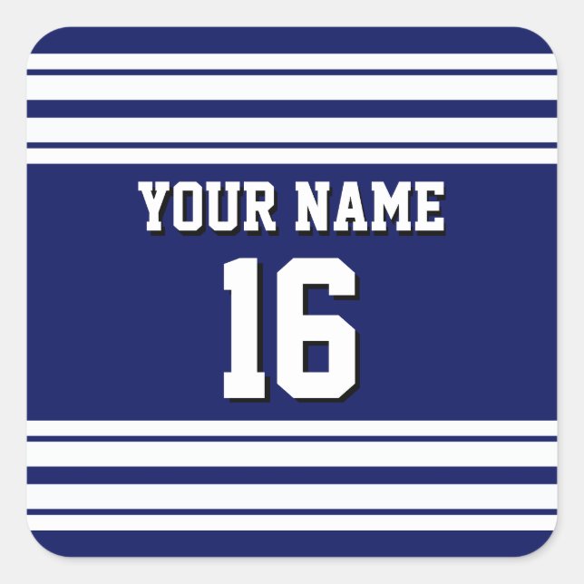 Navy Blue White Team Jersey Custom Number Name Square Sticker (Front)