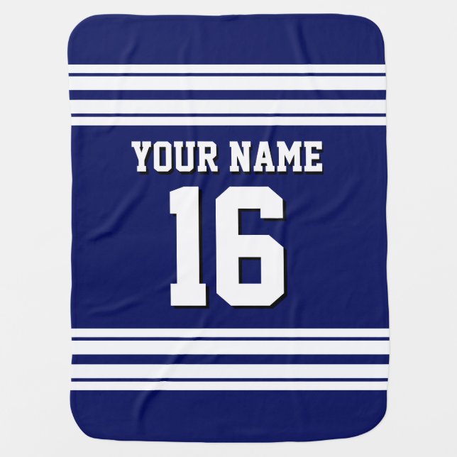 Navy Blue White Team Jersey Custom Number Name Stroller Blanket (Front)