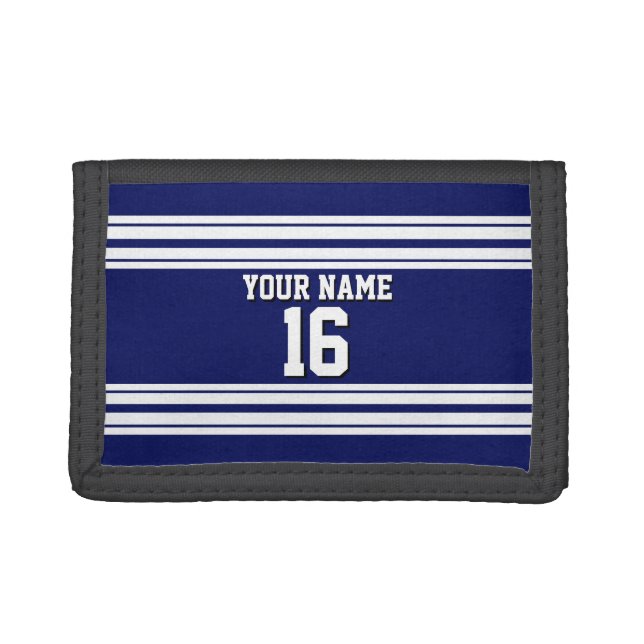 Navy Blue White Team Jersey Custom Number Name Tri-fold Wallet (Front)