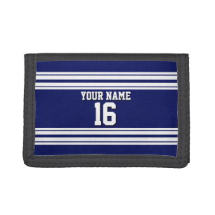 Navy Blue White Team Jersey Custom Number Name Trifold Wallet